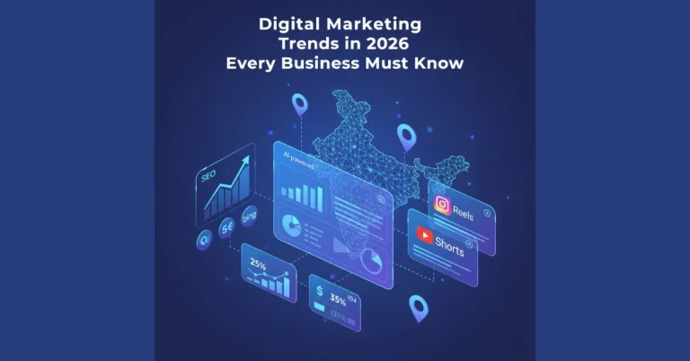 “Digital marketing trends in 2026 showing AI-powered SEO, short-form video marketing like Reels and Shorts, data analytics dashboards, and location-based digital growth across India.”