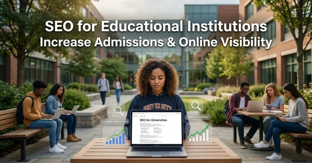 SEO for Educational Institutions concept showing students using laptops on a university campus with search ranking and online visibility graphics